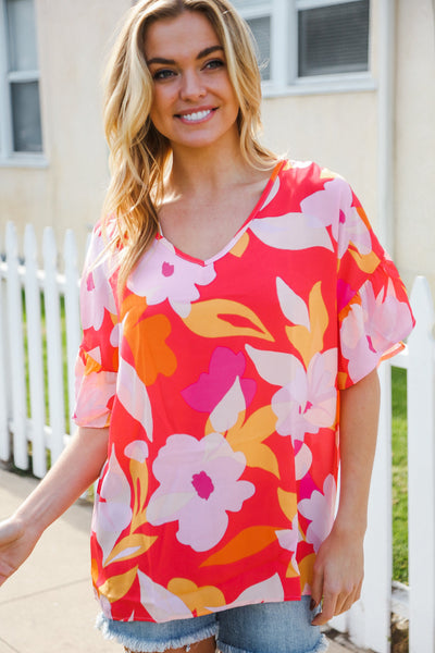 Tropical Vibes Peach Floral Dolman Ruffle Frill Sleeve Blouse - Online Only!