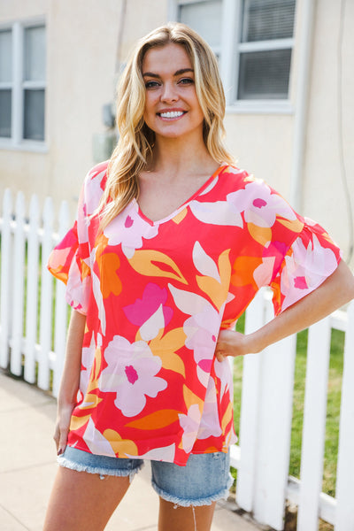 Tropical Vibes Peach Floral Dolman Ruffle Frill Sleeve Blouse - Online Only!