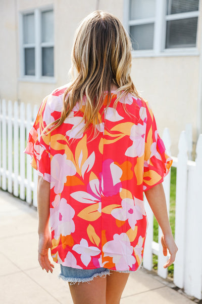 Tropical Vibes Peach Floral Dolman Ruffle Frill Sleeve Blouse - Online Only!