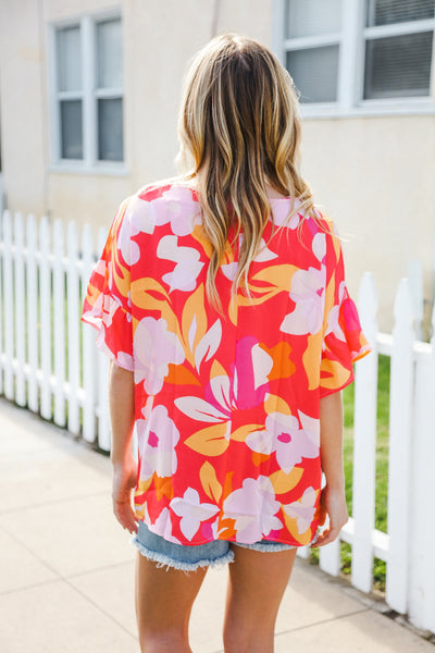 Tropical Vibes Peach Floral Dolman Ruffle Frill Sleeve Blouse - Online Only!