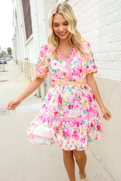 Rose Floral Print Ric Rack Trim Babydoll Dress - Online Only!