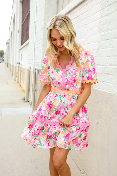 Rose Floral Print Ric Rack Trim Babydoll Dress - Online Only!