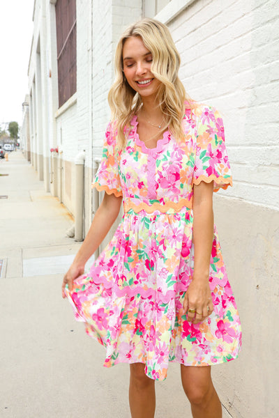 Rose Floral Print Ric Rack Trim Babydoll Dress - Online Only!