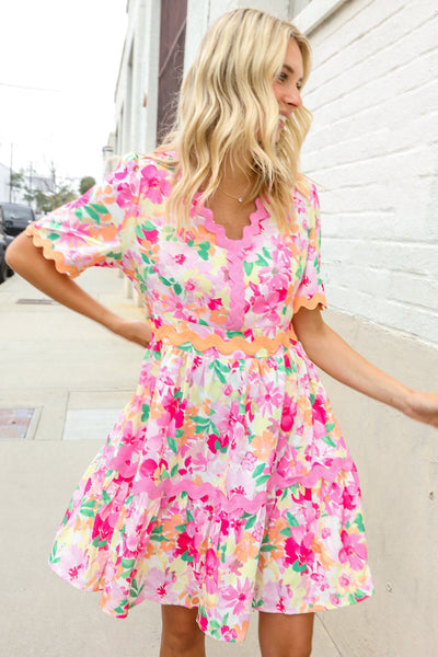 Rose Floral Print Ric Rack Trim Babydoll Dress - Online Only!