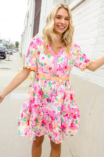 Rose Floral Print Ric Rack Trim Babydoll Dress - Online Only!