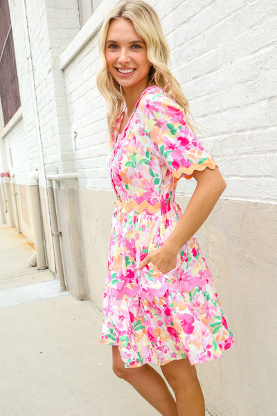 Rose Floral Print Ric Rack Trim Babydoll Dress - Online Only!