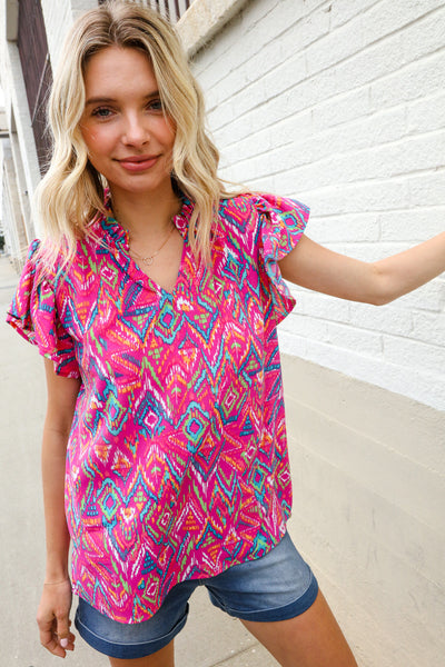 You Got This Fuchsia Abstract Print Notch Frill Neck Blouse - Online Only!