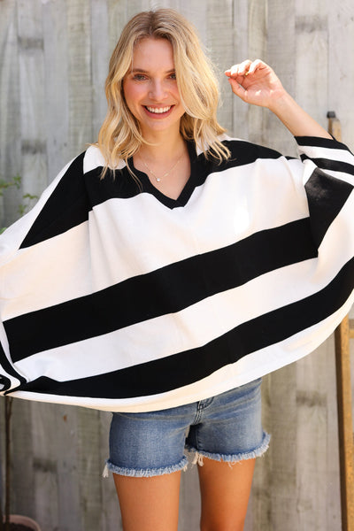 The Traveler Black/White Stripe Dolman Notch Neck Sweater Poncho - Online Only!