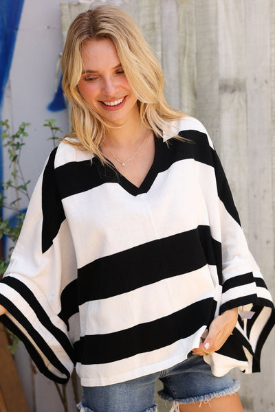 The Traveler Black/White Stripe Dolman Notch Neck Sweater Poncho - Online Only!