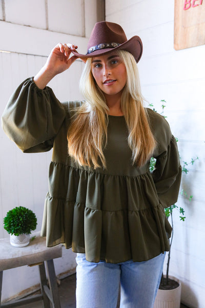 Take Me Home Olive Babydoll Oversized Blouse - Online Only!