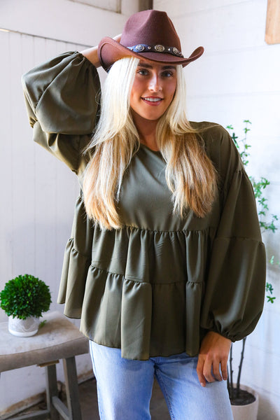 Take Me Home Olive Babydoll Oversized Blouse - Online Only!