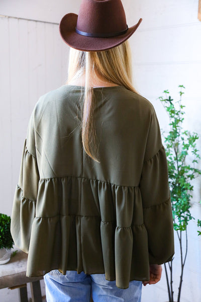 Take Me Home Olive Babydoll Oversized Blouse - Online Only!