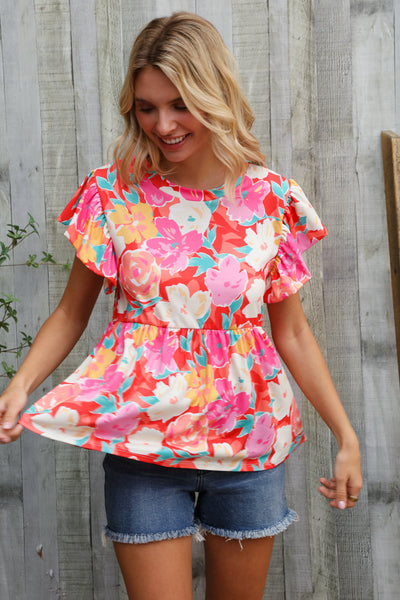 Coral Floral Print Folded Short Sleeve Babydoll Top - Online Only!