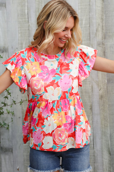 Coral Floral Print Folded Short Sleeve Babydoll Top - Online Only!