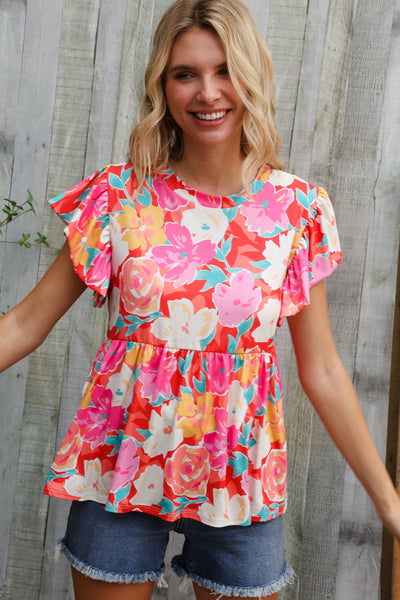 Coral Floral Print Folded Short Sleeve Babydoll Top - Online Only!
