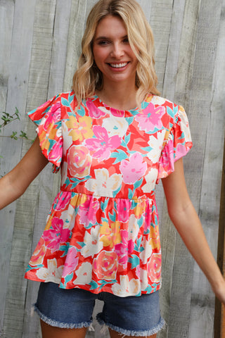 Coral Floral Print Folded Short Sleeve Babydoll Top - Online Only!