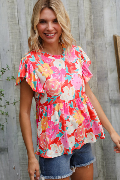 Coral Floral Print Folded Short Sleeve Babydoll Top - Online Only!
