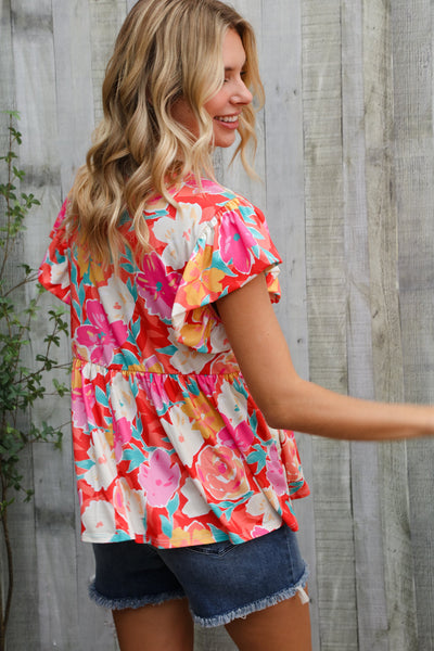 Coral Floral Print Folded Short Sleeve Babydoll Top - Online Only!