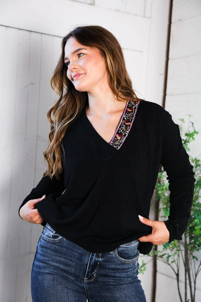 Twilight Charms Beaded V Neck Sweater - Online Only!