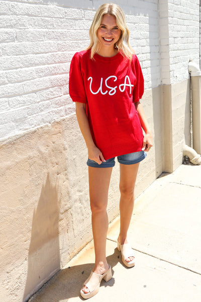 Patriotic USA Red Knit Embroidery Puff Sleeve Sweater Top - Online Only!