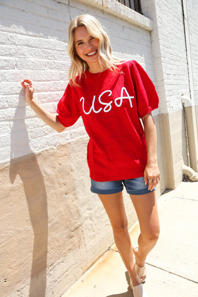 Patriotic USA Red Knit Embroidery Puff Sleeve Sweater Top - Online Only!