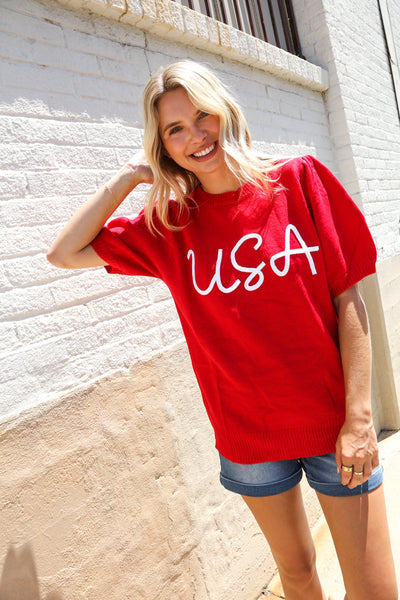 Patriotic USA Red Knit Embroidery Puff Sleeve Sweater Top - Online Only!