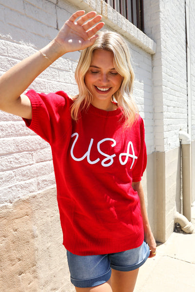 Patriotic USA Red Knit Embroidery Puff Sleeve Sweater Top - Online Only!