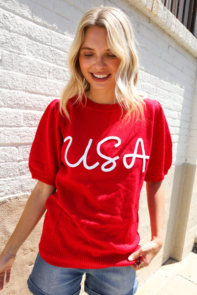 Patriotic USA Red Knit Embroidery Puff Sleeve Sweater Top - Online Only!