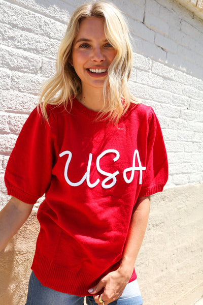 Patriotic USA Red Knit Embroidery Puff Sleeve Sweater Top - Online Only!