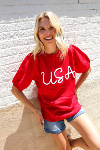Patriotic USA Red Knit Embroidery Puff Sleeve Sweater Top - Online Only!