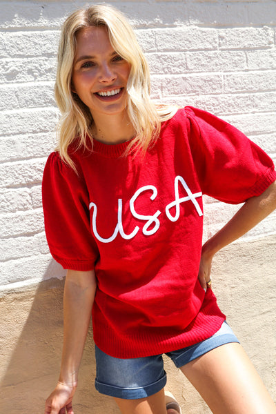 Patriotic USA Red Knit Embroidery Puff Sleeve Sweater Top - Online Only!