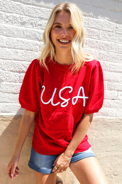 Patriotic USA Red Knit Embroidery Puff Sleeve Sweater Top - Online Only!