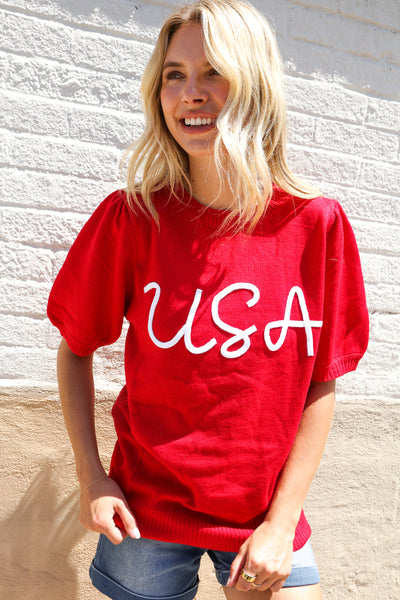 Patriotic USA Red Knit Embroidery Puff Sleeve Sweater Top - Online Only!