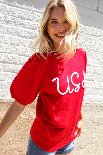 Patriotic USA Red Knit Embroidery Puff Sleeve Sweater Top - Online Only!