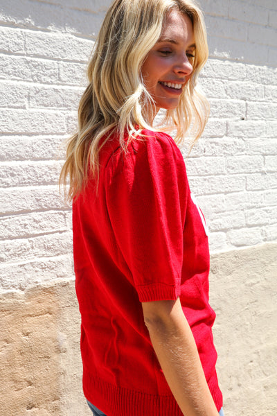 Patriotic USA Red Knit Embroidery Puff Sleeve Sweater Top - Online Only!