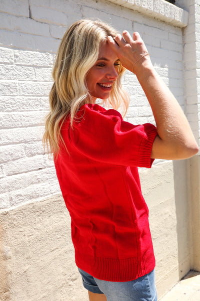 Patriotic USA Red Knit Embroidery Puff Sleeve Sweater Top - Online Only!