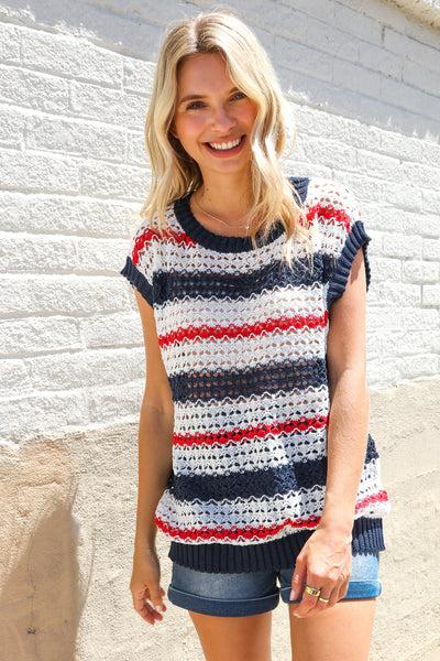 Red White & Blue Striped Crochet Sweater Top - Online Only!