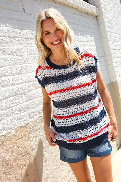 Red White & Blue Striped Crochet Sweater Top - Online Only!