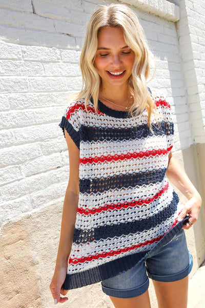 Red White & Blue Striped Crochet Sweater Top - Online Only!