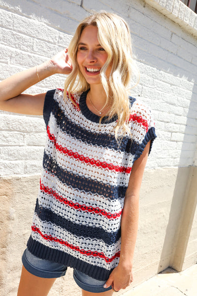 Red White & Blue Striped Crochet Sweater Top - Online Only!