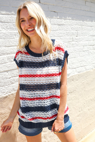 Red White & Blue Striped Crochet Sweater Top - Online Only!