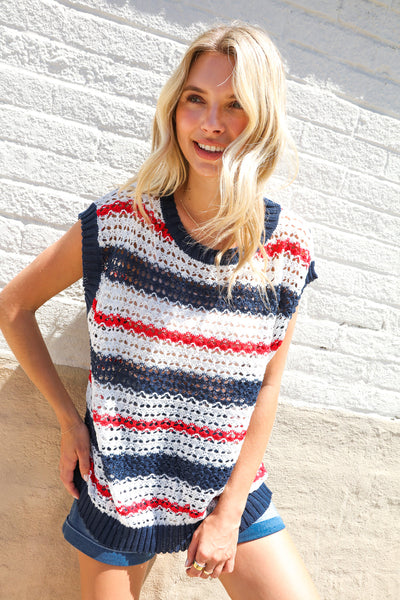 Red White & Blue Striped Crochet Sweater Top - Online Only!
