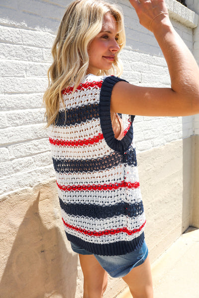 Red White & Blue Striped Crochet Sweater Top - Online Only!