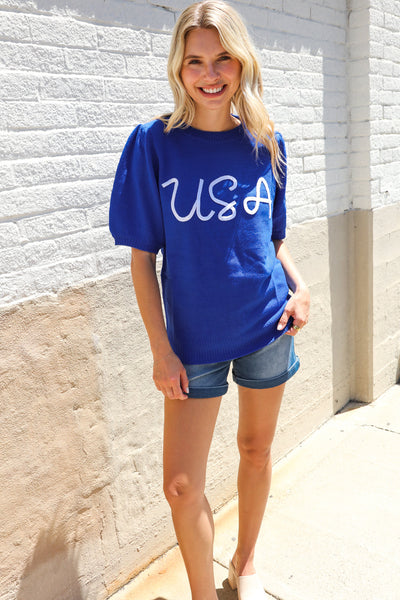 Patriotic USA Blue Knit Embroidery Puff Sleeve Sweater Top - Online Only!