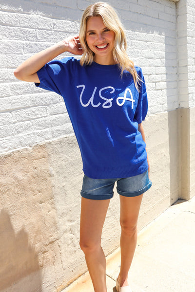 Patriotic USA Blue Knit Embroidery Puff Sleeve Sweater Top - Online Only!