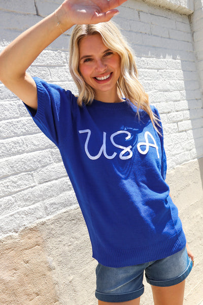 Patriotic USA Blue Knit Embroidery Puff Sleeve Sweater Top - Online Only!
