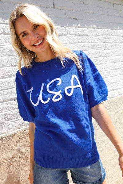 Patriotic USA Blue Knit Embroidery Puff Sleeve Sweater Top - Online Only!