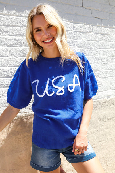 Patriotic USA Blue Knit Embroidery Puff Sleeve Sweater Top - Online Only!