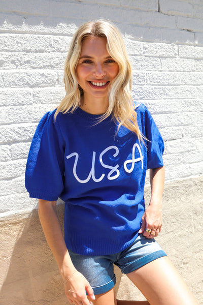 Patriotic USA Blue Knit Embroidery Puff Sleeve Sweater Top - Online Only!