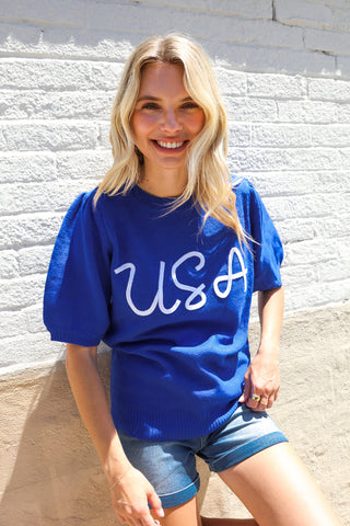 Patriotic USA Blue Knit Embroidery Puff Sleeve Sweater Top - Online Only!